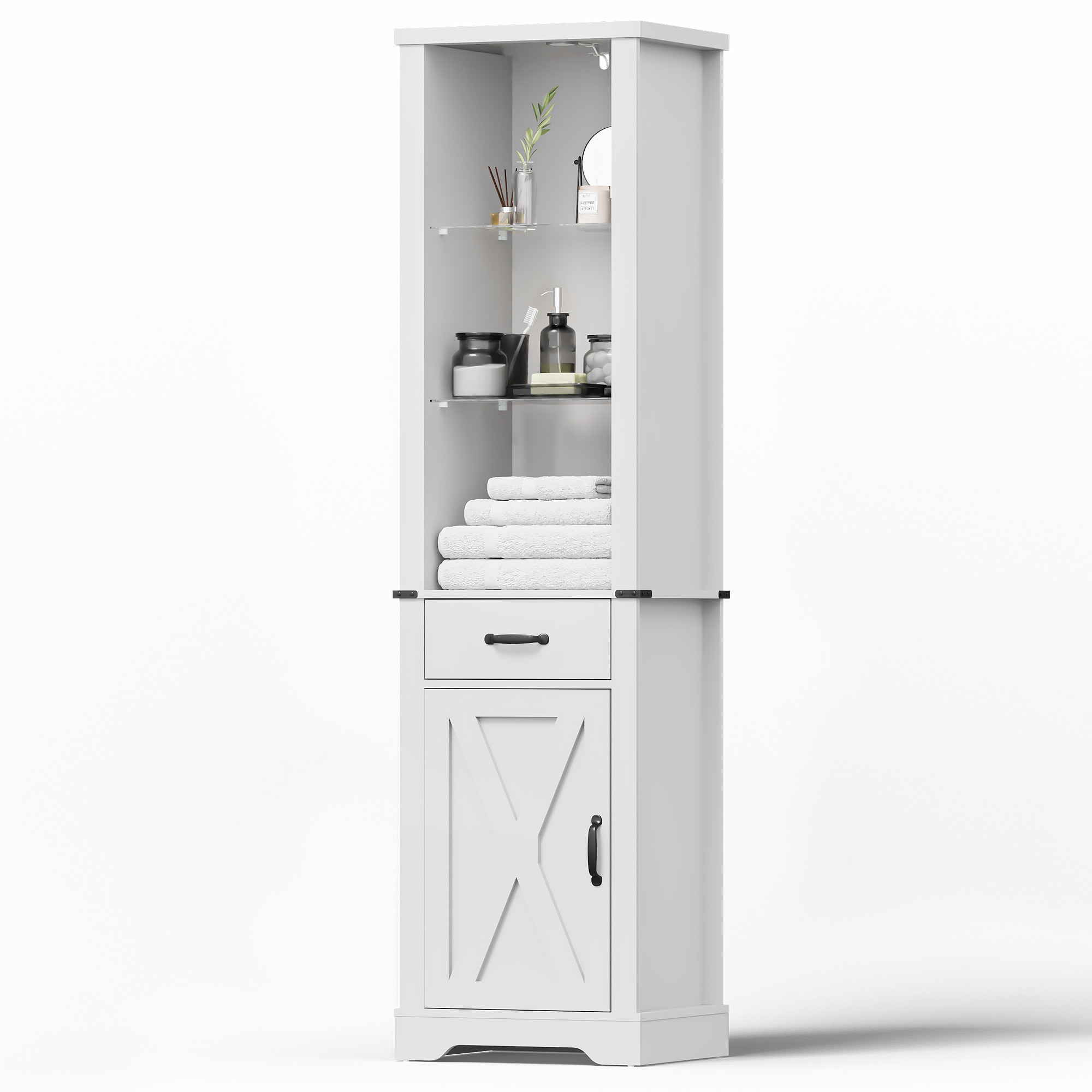 75'' Tall Storage Cabinet With LED Light, Farmhouse Pantry Cabinet With Tempered Glass Adjustable Shelves & Barn Door, Freestanding Linen Tower For Bathroom, Living Room, Kitchen, White_voghion.com